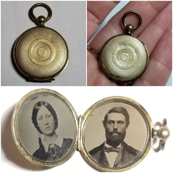 Vintage Jewelry - Relisted -Antique 1800s locket with tin type photos Victorian gold tone vintage